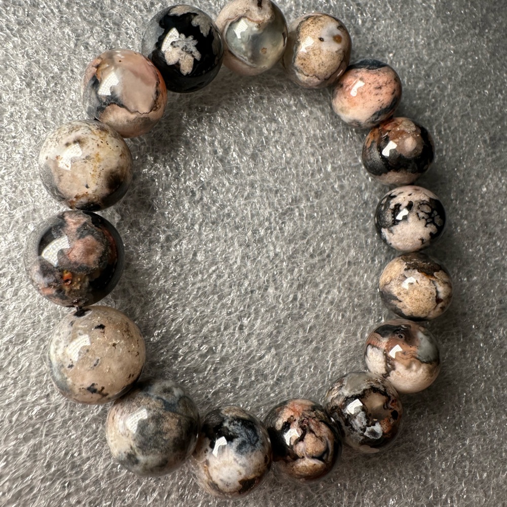 Gorgeous 12MM Black Sakura Flower Agate Natural Crystal Bracelet